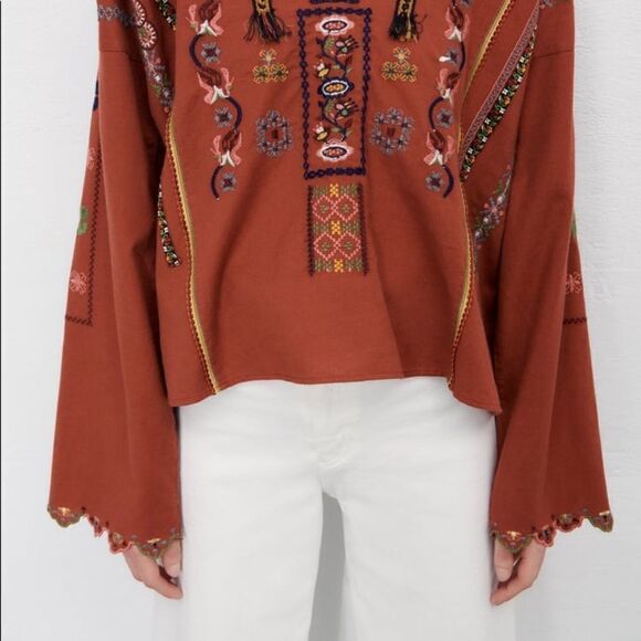 Zara Embroidered Linen Blend Shirt Top - Picture 5 of 10
